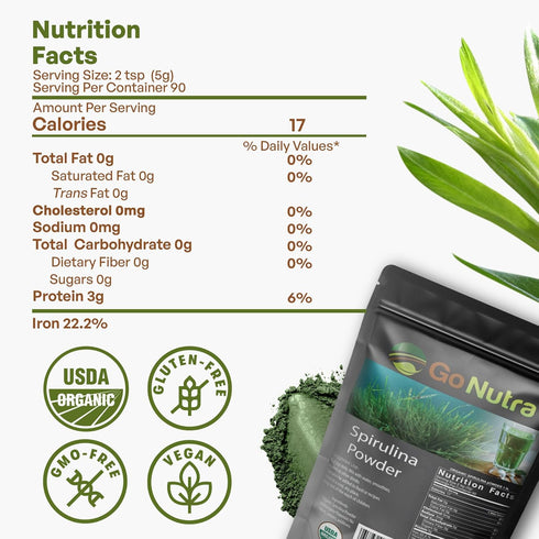 Go Nutra Spirulina Powder Organic | Pure Non-GMO Superfoods for Antioxidant, Minerals, Fiber & Protein | Vegan Friendly