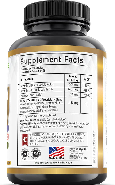 9-in-1 Immune Support Vitamin C (1000mg), D3 (5000 IU), Zinc (22mg) with Elderberry, Turmeric, Echinacea, Ginger,