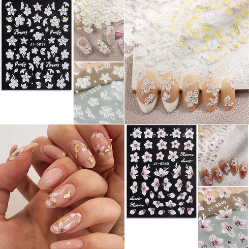 Flower Nail Art Stickers Decals 5D Embossed Spring Nail Decals 3D Self-Adhesive Nail Art Supplies Yellow Pink White Kapok Camellia Design Nail Accessories for Women Nail Decorations