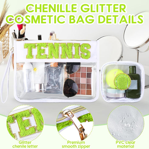 Hillban 2 Pcs Tennis Gifts Chenille Letter Bags, Preppy Patch Makeup Bag, Waterproof Travel Pouch