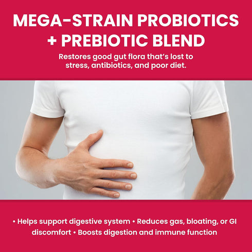 Mega-Strain 50B CFU Probiotics + Prebiotics, 30 Caps for Women & Men, No Refrigeration Required