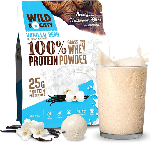 WILD SOCIETY Premium 100% Grass Fed Whey Protein Powder, Vanilla Bean, 25g Protein, 17.5 oz