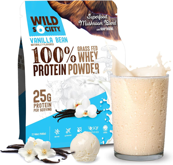 WILD SOCIETY Premium 100% Grass Fed Whey Protein Powder, Vanilla Bean, 25g Protein, 17.5 oz