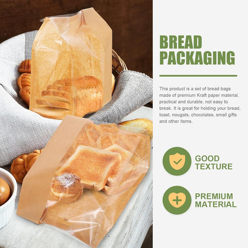 WEKAMOS 50pcs Packaging Kraft Paper Bakery Bread Bags with Window, Medium Size Bread Storage Pouches for Toast