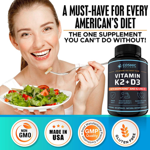 K2 D3 Vitamin Supplement 5000 IU - Enhanced Calcium Absorption for Healthier Bones, Blood, Heart, and Better Immunity