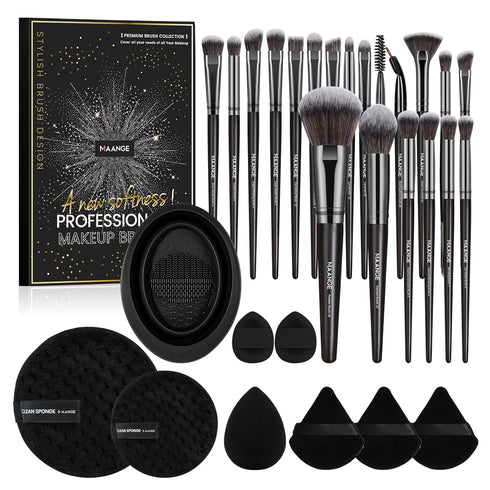 MAANGE Makeup Brushes 29 Pcs Kit, Premium Synthetic Foundation, Powder, Concealers, Eye Shadows Set (Black)