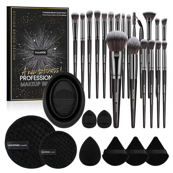 MAANGE Makeup Brushes 29 Pcs Kit, Premium Synthetic Foundation, Powder, Concealers, Eye Shadows Set (Black)