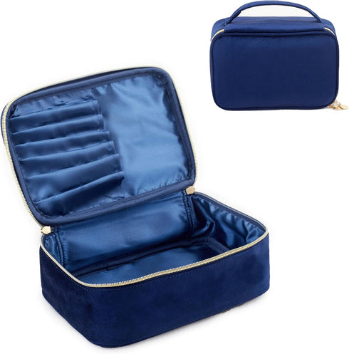 KOPY Velvet Makeup Bag for Women, Large Classy Makeup Organizer, Portable Travel Toiletry Bag with Handle (Navy)