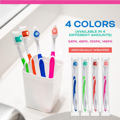 24 Large Head Medium Bristle Disposable Toothbrushes, Individually Packaged, Multi Color, Travel, Hotels, Donations &