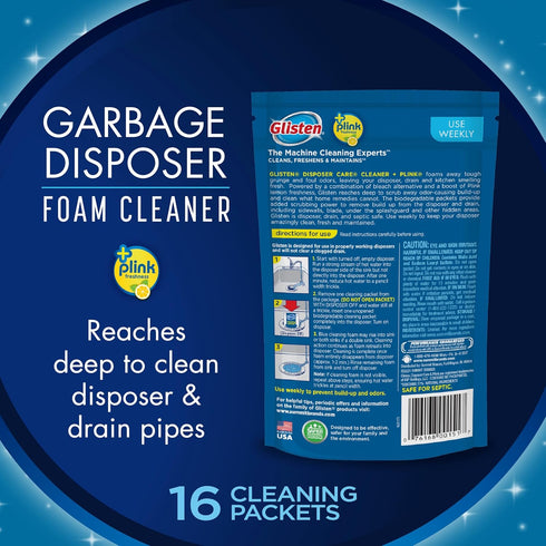 Glisten Garbage Disposer Cleaner and Freshener, 16 Packets with Foaming Action, Lemon Scent, Removes Buildup