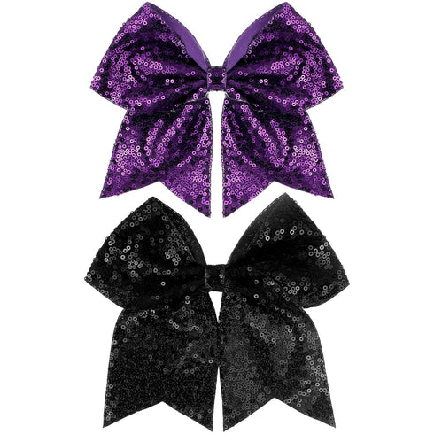 Large 7 Inch Glitter Bow Clip, Sequin Bling Party Hair Accessories for Women, Teens, Girls, 2 Pcs (Dark Purple, Black)