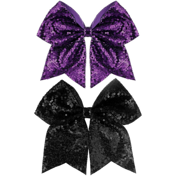 Large 7 Inch Glitter Bow Clip, Sequin Bling Party Hair Accessories for Women, Teens, Girls, 2 Pcs (Dark Purple, Black)