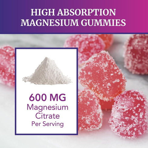 Magnesium Citrate Gummies, 600mg High Absorption for Calm, Relaxation & Digestion, Vegan, Raspberry Flavor, 60 Count