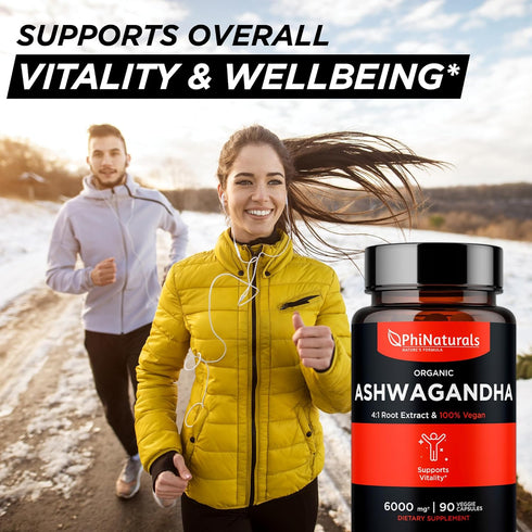 PhiNaturals Organic Ashwagandha Root Extract in Vegan Capsules, 6000 Mg Root Equivalent, 1500 Mg Per Serving, 30