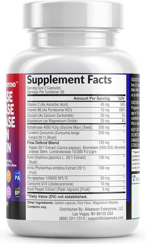 Clean Nutraceuticals Nattokinase 4000 FU with Serrapeptase, Bromelain & Papaya Enzymes, 120 Capsules