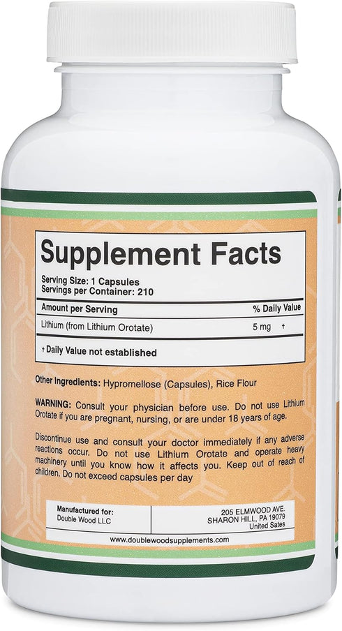 Double Wood Supplements Lithium Orotate 5mg, 210 Capsules (Third Party Tested, Vegan Safe, Non-GMO) for a Calmer Mind, More Balanced Mood, and Better Rest at Night