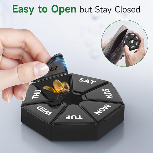 Gelibo Weekly Pill Organizer, 2 Pack Portable Travel Pill Box Dispenser, 6 Colors for Vitamins and Supplements (Black)