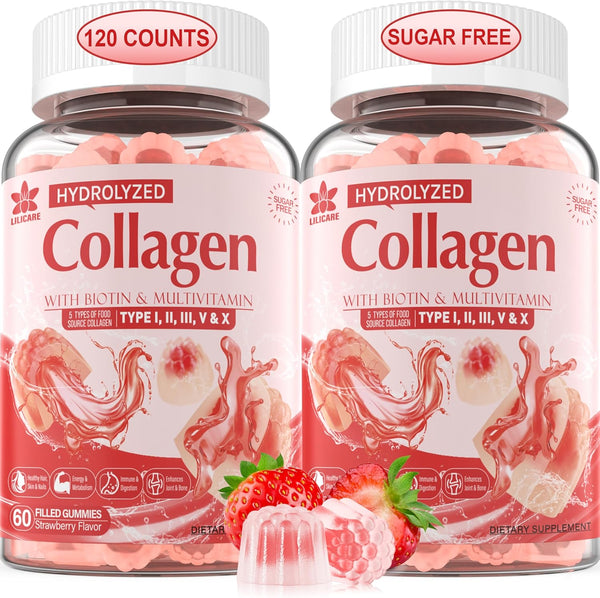 2Pack Sugar-Free Hydrolyzed Collagen Gummies - 1500mg Protein with 5000mcg Biotin & Vitamins for Skin, Hair & Energy
