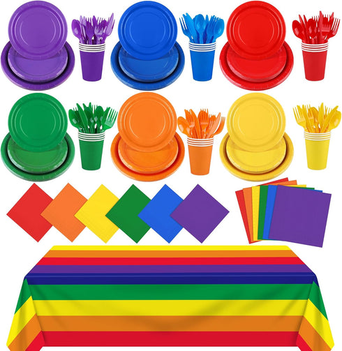 169 Pieces Rainbow Party Supplies Disposable Dinnerware Set for 24 Guests, Plates, Cups, Napkins, Cutlery