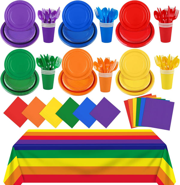 169 Pieces Rainbow Party Supplies Disposable Dinnerware Set for 24 Guests, Plates, Cups, Napkins, Cutlery