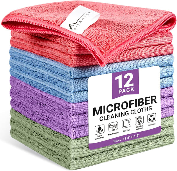SIFANGKE Microfiber Cleaning Cloth, 12 Pack Assorted Color Cleaning Rags for Housekeeping, Colorful