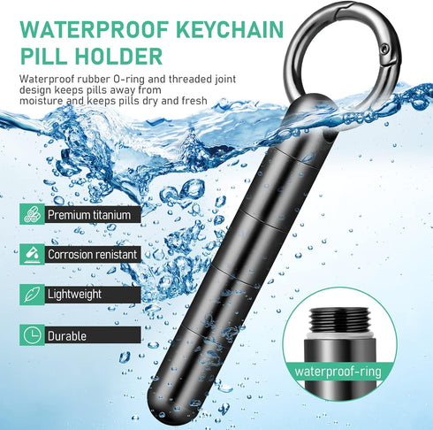 TISUR Keychain Pill Holder, Portable Waterproof Titanium Pill Organizer for Daily Travel - Black