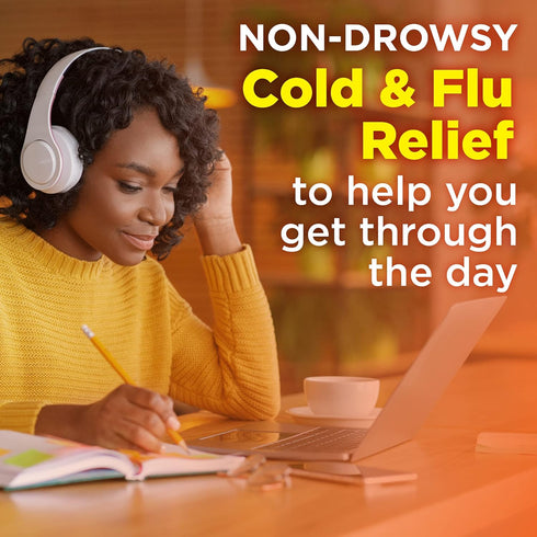 Amazon Basic Care Daytime Cold and Flu Relief Softgels, Non-Drowsy Cold Medicine for Pain, Fever, Cough, Sore Throat,