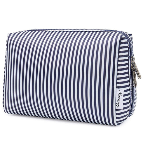 Narwey Cute Makeup Bag, Travel Cosmetic Organizer with Compartments for Women and Girls (Large, Blue Stripe)