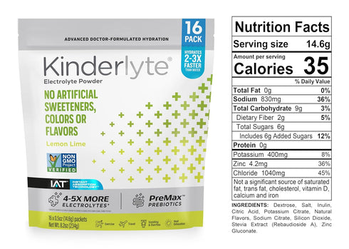 Kinderlyte Electrolyte Powder, Advanced Hydration, Easy Open Packets, Supplement Drink Mix (Lemon Lime, 16 Count)