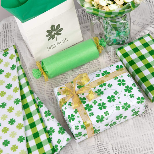 Whaline St. Patrick's Day Tissue Paper, 90 Sheet Green Plaid Shamrock Pattern for DIY Crafts, Gift Bag Packing