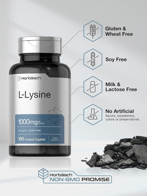 Horbaach L-Lysine 1000mg | 100 Coated Caplets | Free Form Dietary Supplement | Vegetarian, Non-GMO, Gluten Free