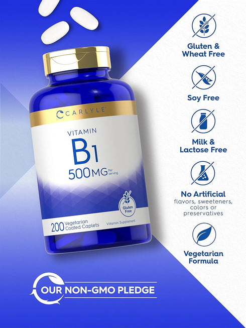 Carlyle Vitamin B1 500mg (Thiamine), 200 Vegetarian Caplets, Non-GMO and Gluten Free Supplement