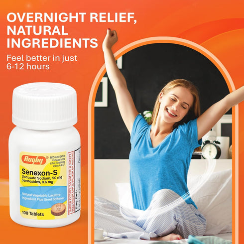 Rugby Senexon-S Natural Vegetable Laxative Plus Stool Softener - 100 Tablets (Docusate Sodium 50mg, Sennosides 8.6mg)