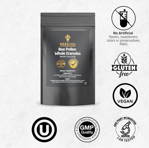 Bee and You Natural Raw Bee Pollen Granules, Superfood Supplement, Amino Acids, Gluten Free, 5 Oz Bag