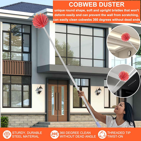 Cobweb Duster with Extension Pole, 59" Adjustable Stainless Steel Pole for High Ceilings and Home Cleaning