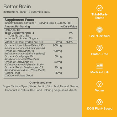 FOCL Lions Mane Mushroom Gummies - Vegan Supplement for Brain Function, Focus, Memory, Energy, Immune Boost