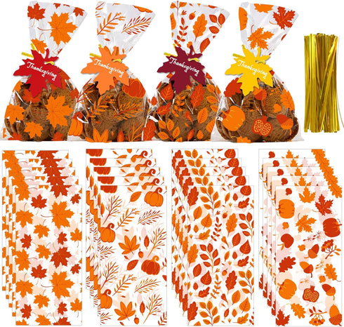 YUJUN 120 PCS Fall Cellophane Treat Bags,Maple Leaves Gift Goodie Candy Autumn Clear