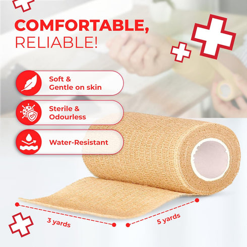 Ever Ready First Aid Self Adherent Cohesive Bandages, 3" x 5 Yards, 12 Count, Tan