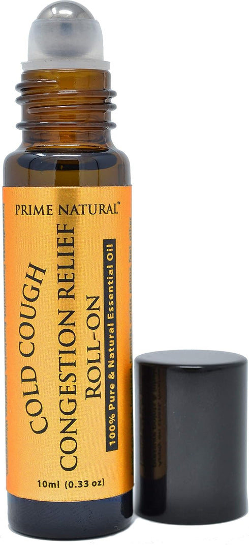 PRIME NATURAL Cold Cough Congestion Relief Essential Oil Roll-On (10ml), Pre-Diluted Roller for Sinus, Headache