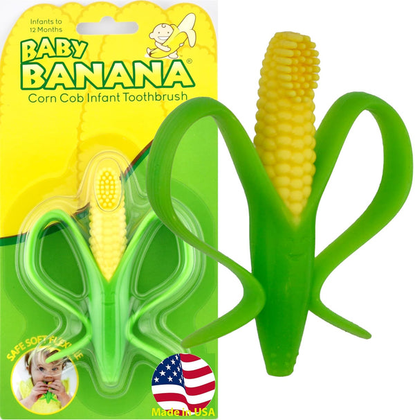 Baby Banana Corn Cob Toothbrush, Green/Yellow Training Teether for Infant, Baby, and Toddler