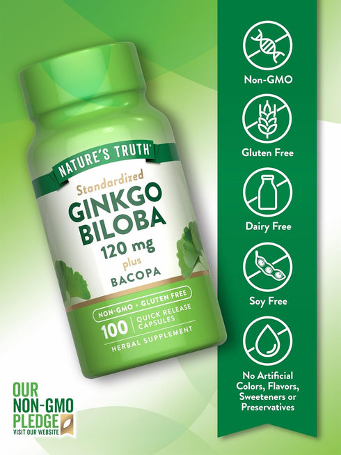 Ginkgo Biloba 120mg Plus Bacopa - 100 Quick Release Capsules, Standardized Extract, Non-GMO & Gluten Free Supplement