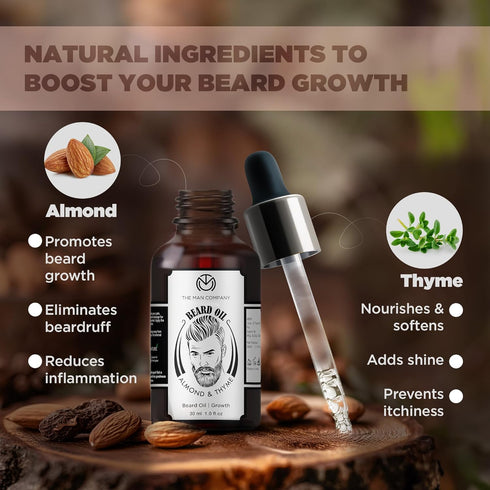 The Man Company 100% Natural Beard Oil for Men, Almond Oil, Thyme, Argan, Jojoba Oil for Faster Beard Growth, 1.1 Oz