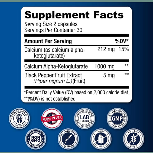 Time Release Calcium Alpha-Ketoglutarate (AKG), 60 Enteric Coated Capsules, 1000mg per 2 Capsule Dose