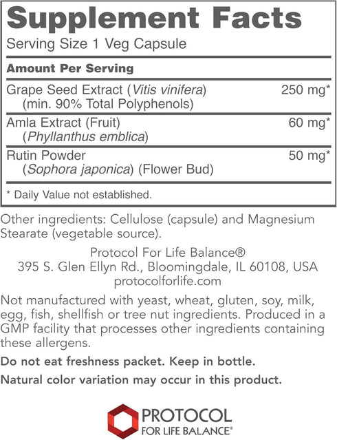 Protocol Grape Seed OPC | 50mg, 90% Polyphenols with Rutin & Amla Fruit Extract | Non-GMO & Kosher Veg Caps