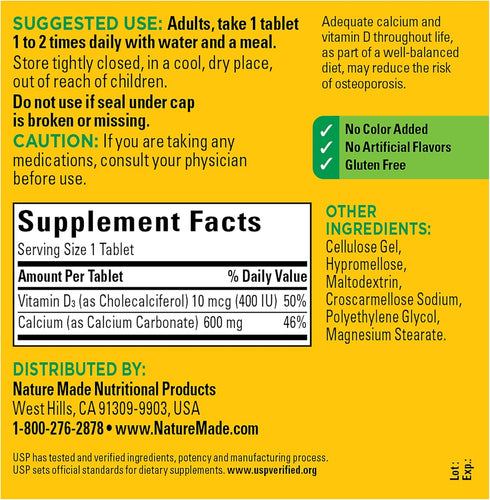 Nature Made Calcium 600 mg with Vitamin D3 | 220 Tablets | Dietary Supplement for Bone Support (pack of 1)