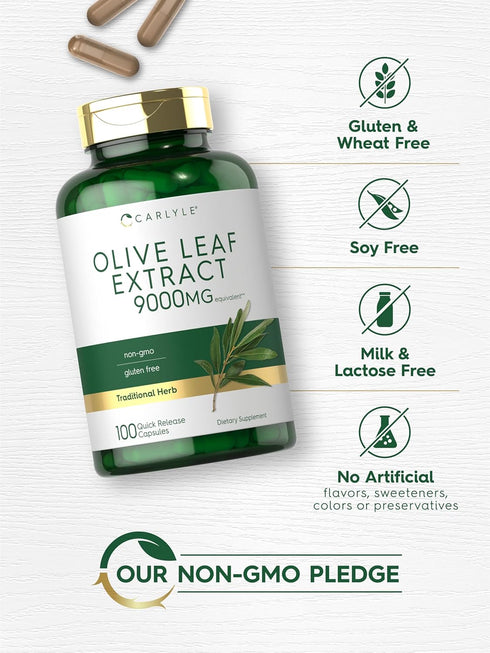 Carlyle Olive Leaf Extract Capsules, 9000mg, 100 Count, Non-GMO, Gluten Free High Potency Supplement