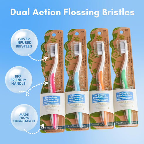 Compostable Toothbrushes, Dual Action Flossing Bristles, Silver Infused Soft Bristle Toothbrushes for Adults, 4-Pack