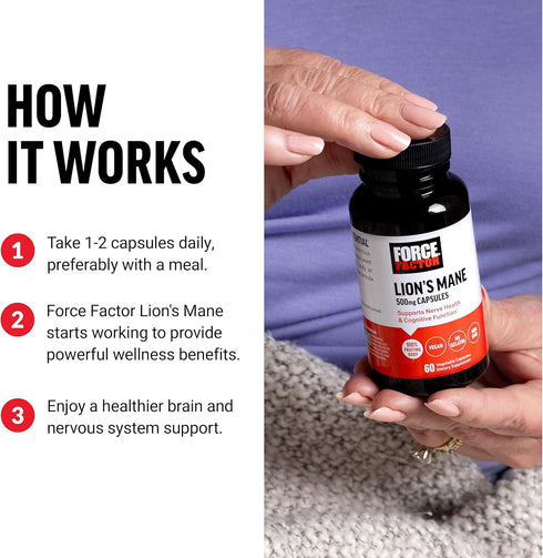 Force Factor Lion’s Mane Supplement Capsules, 60 Vegan Vegetable Capsules for Memory & Focus, Supports Nerve Health