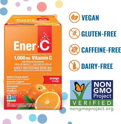 Ener-C Orange Multivitamin Drink Mix Powder - 1000mg Vitamin C & Electrolytes, Natural Energy & Immune Support - 30