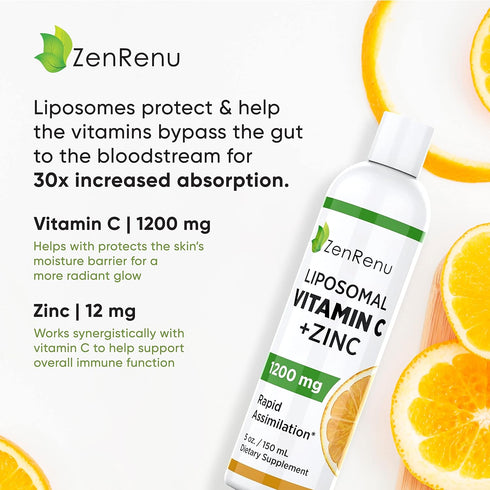Liposomal Vitamin C and Zinc Liquid Drink for Adults & Kids, Max Antioxidant & Immune Support, 5 oz